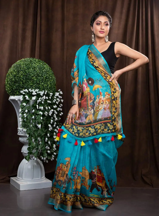Linen saree digital print original quality Putul's fashion