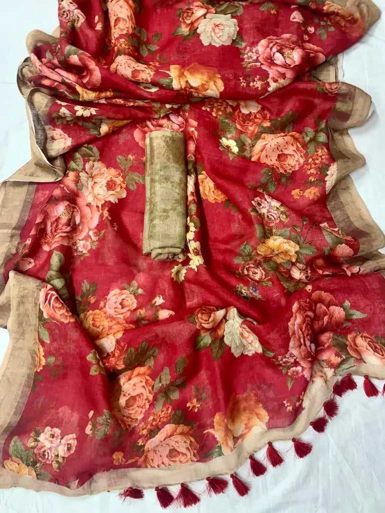 Linen saree digital print original quality Putul's fashion