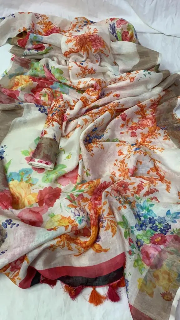 Linen saree digital print original quality Putul's fashion