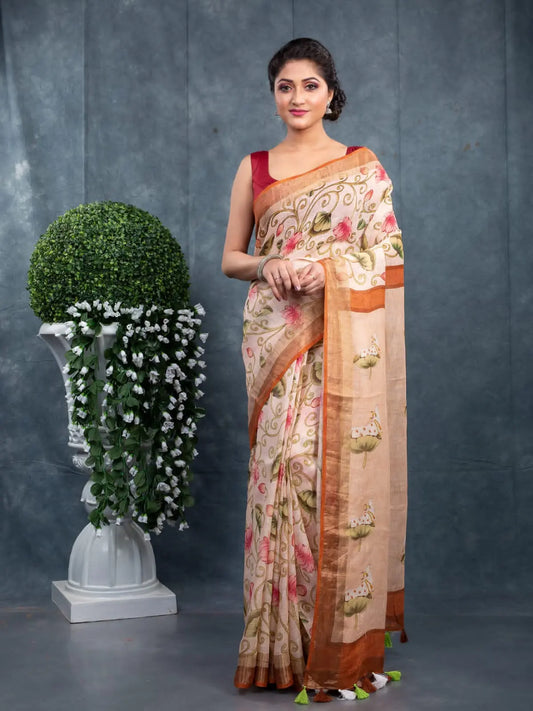 Linen saree digital print original quality Putul's fashion