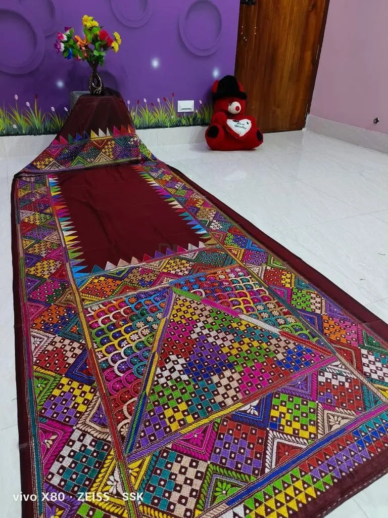 Maroon coloured kantha stitch saree from the weavers of Bengal Putul's Fashion