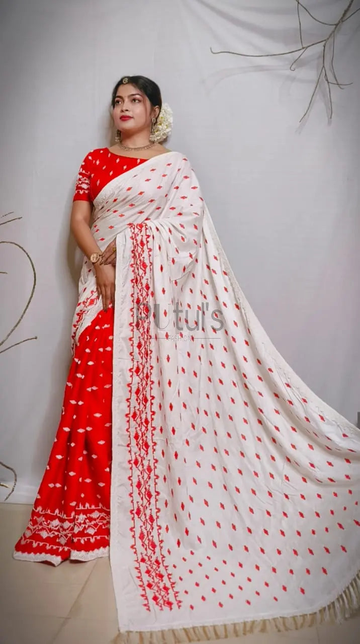 Mix n match Rayon korat embroidery saree with free size blouse (upto 38 size alterable) Putul's Fashion