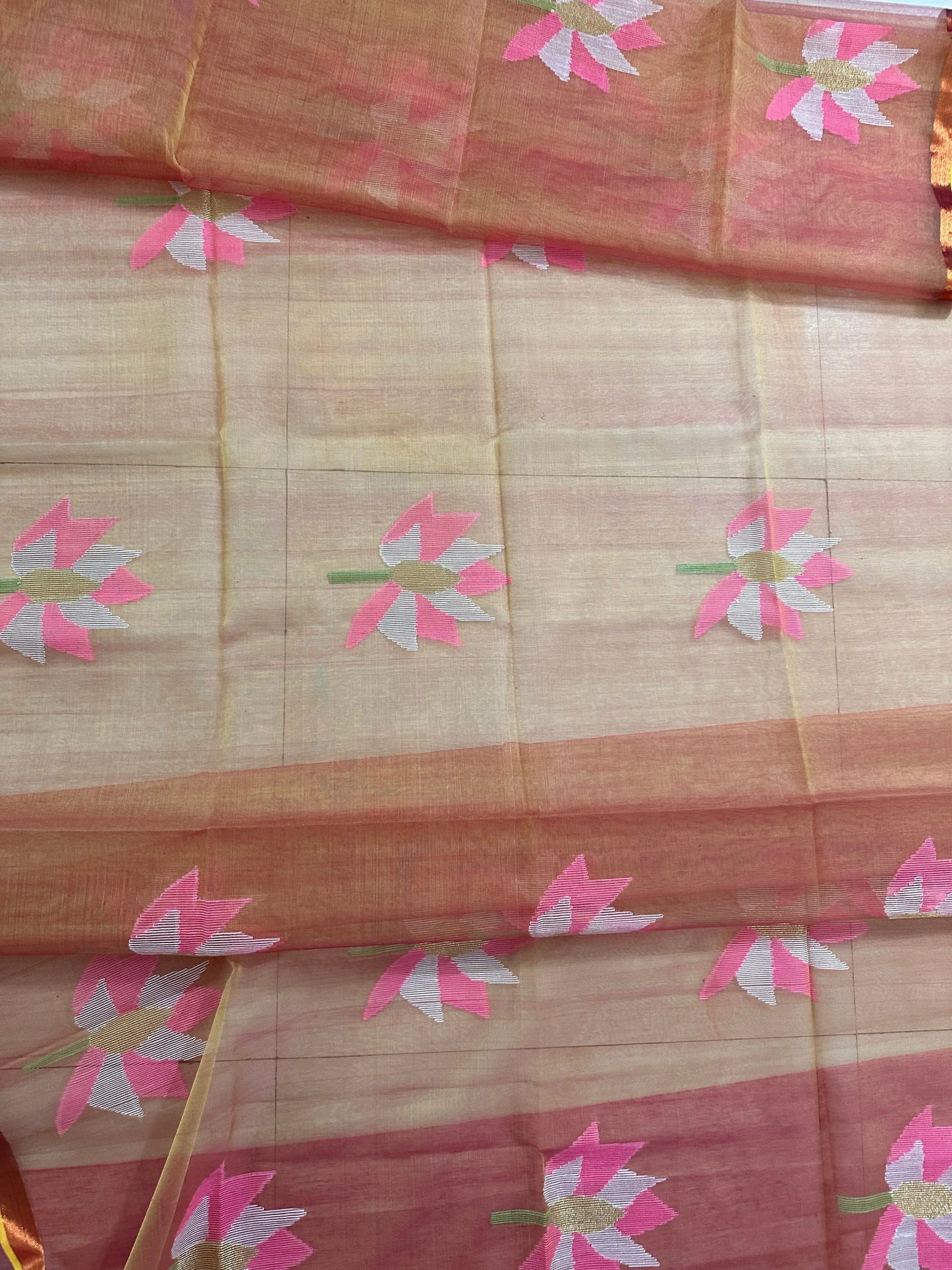 Peach coloured dual tone hand weaving Bengal Muslin saree of handweaving lotus Putul's Fashion