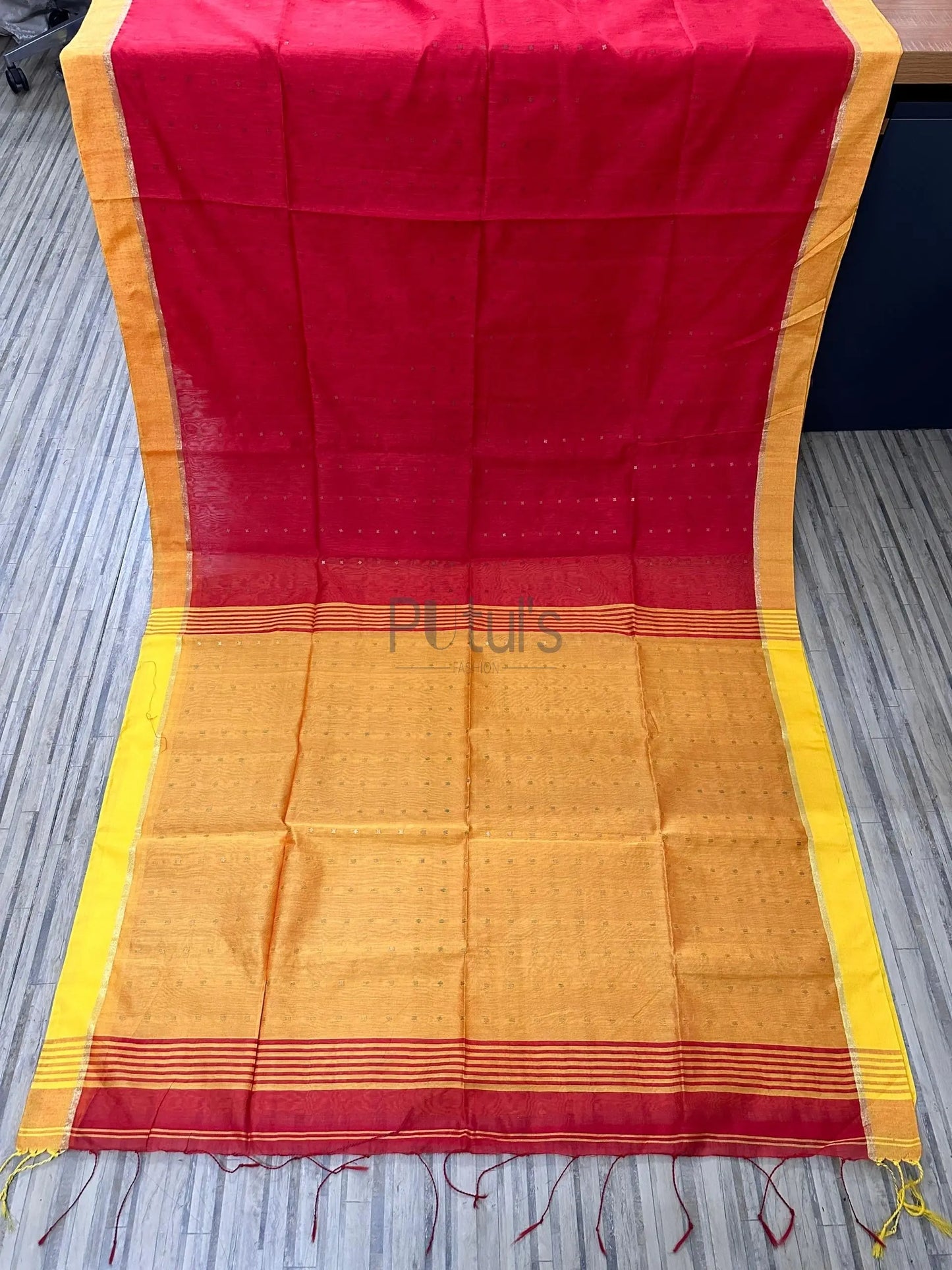 Yellow red sequins saree Putul's Fashion