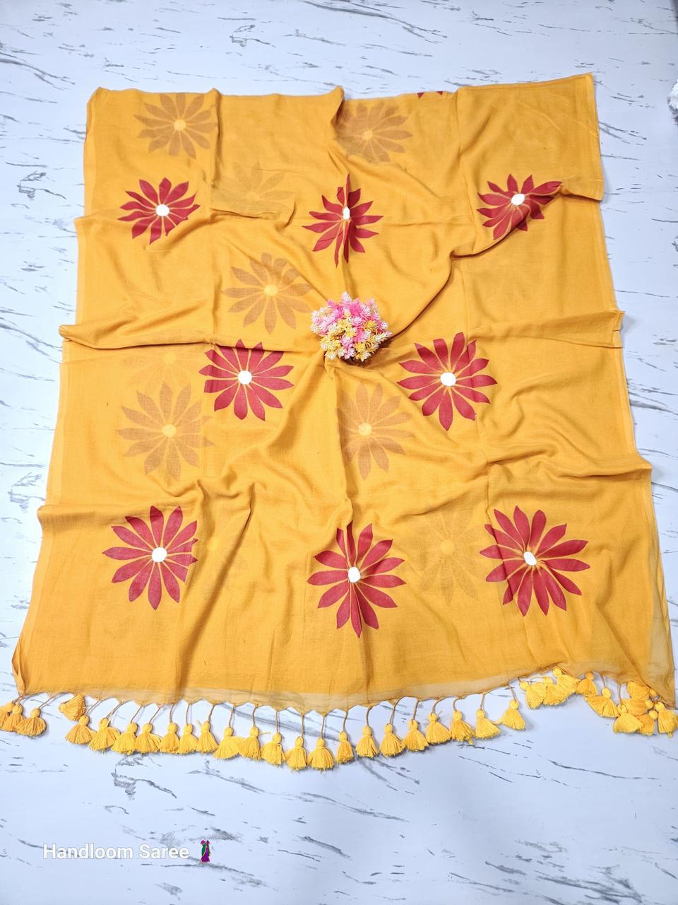 250 gram weight handpainted mul cotton saree dual tone - Yellow - mal cotton