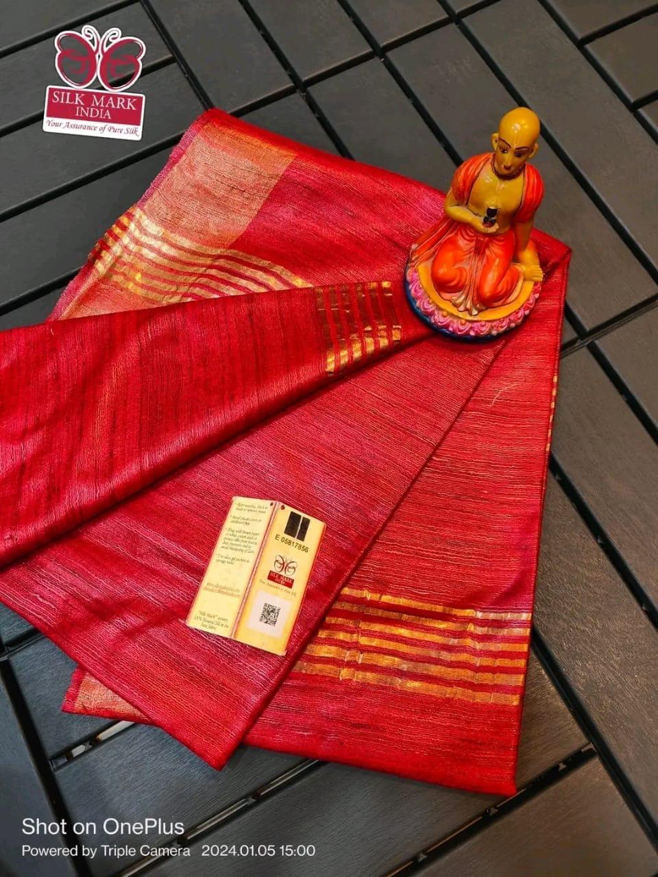 Single dye zari border gicha tussar silk saree silk mark certified - Red Red - Tussar saree