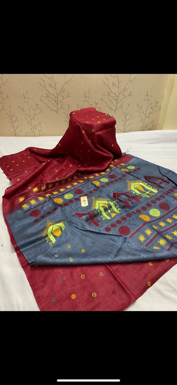 Tussar silk saree with dolabedi motif embroidery on pallu silk mark certified - Maroon
