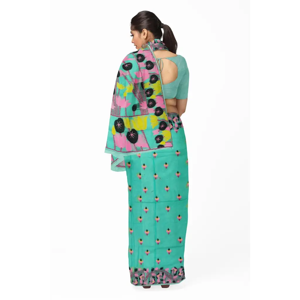 Aqua sky coloured Bengal soft dhakai jamdani saree of Bengal - jamdani saree