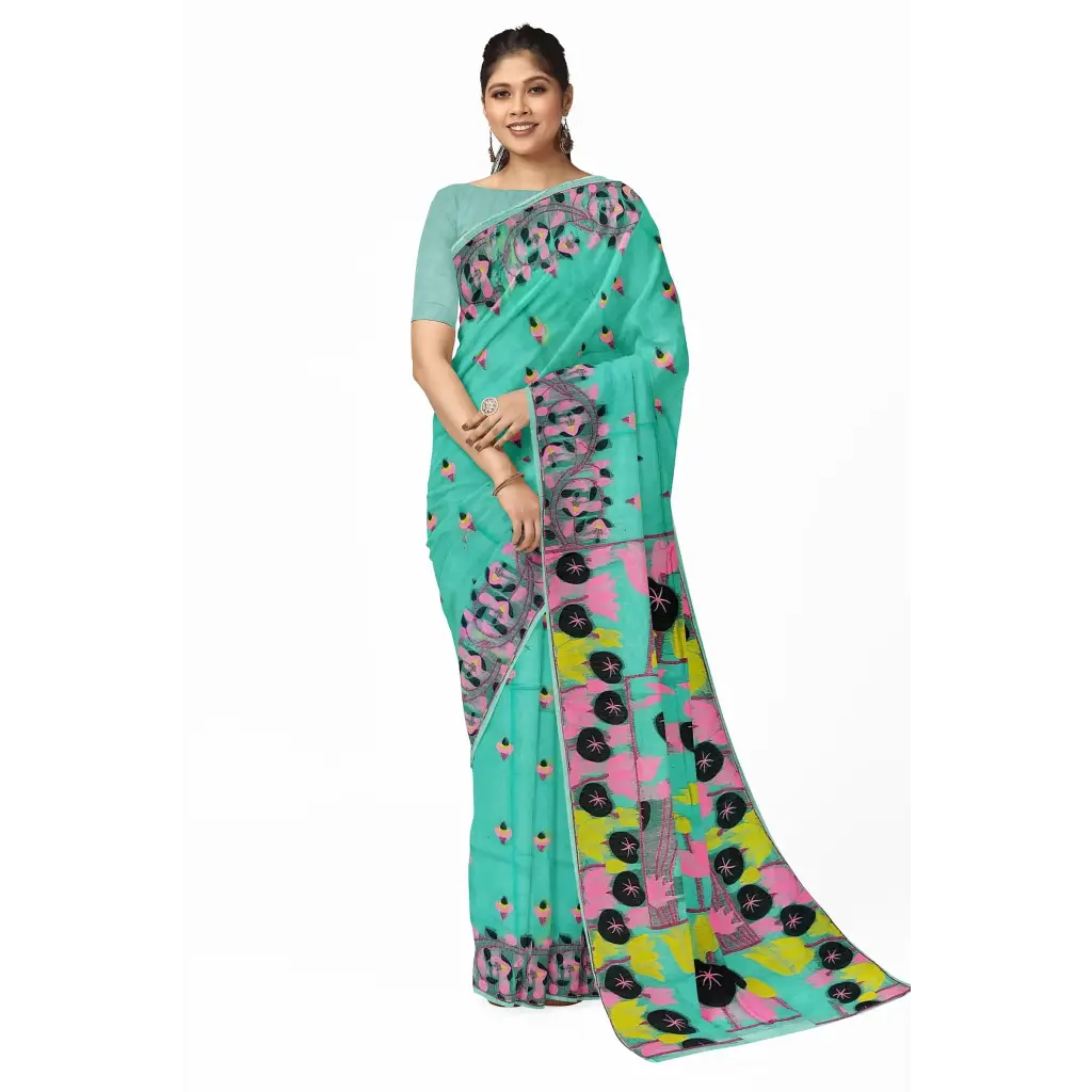 Aqua sky coloured Bengal soft dhakai jamdani saree of Bengal - jamdani saree