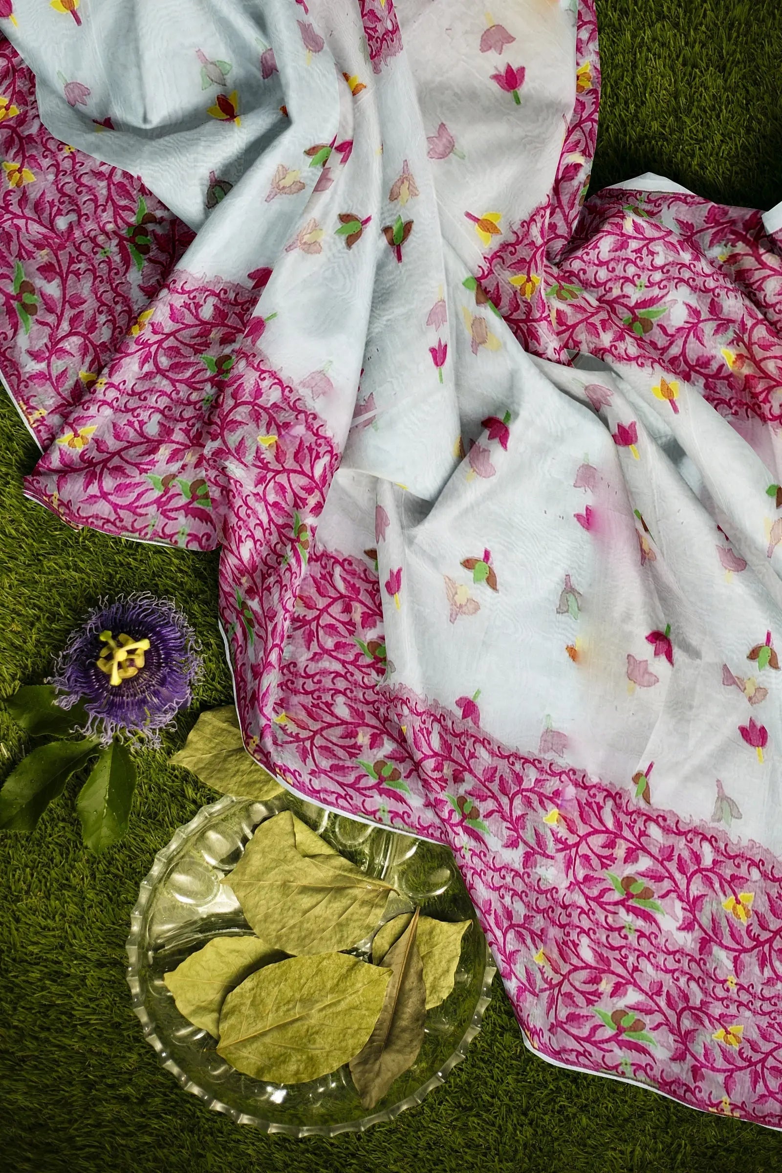 Resham soft dhakai jamdani white pink colour