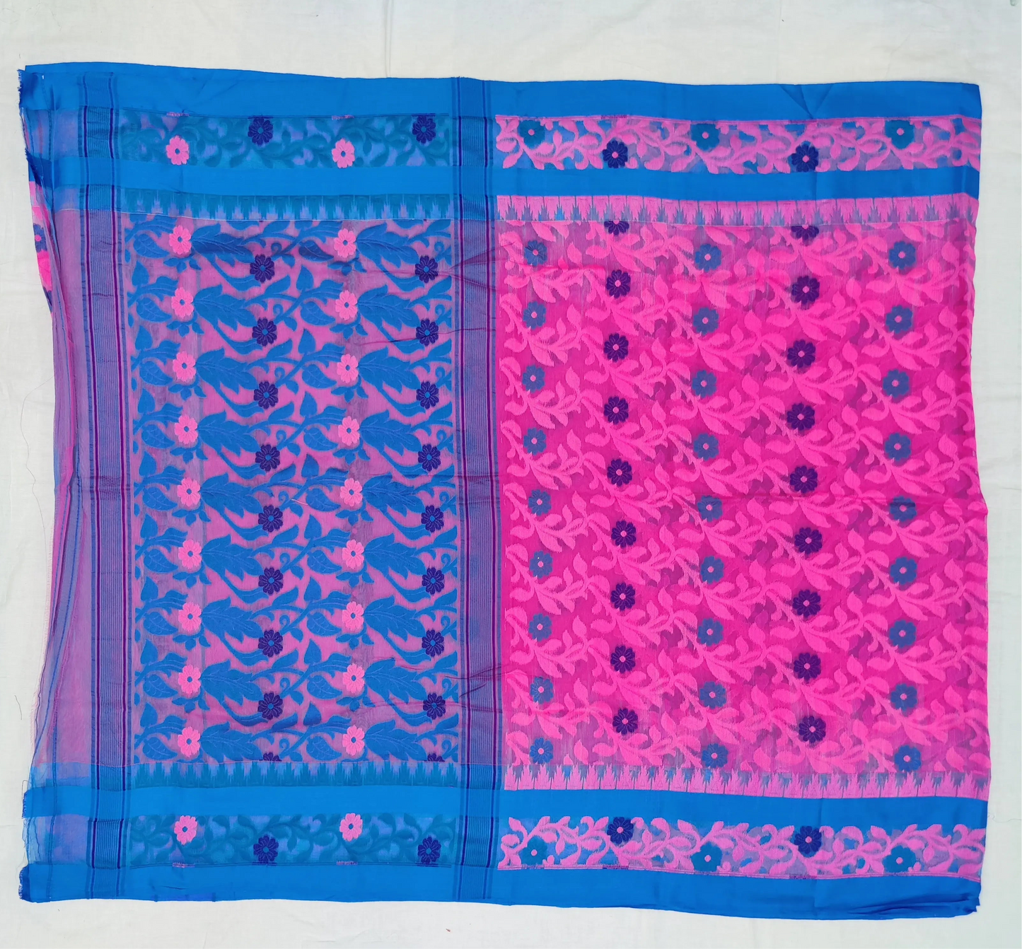 Bengal resham dhakai jamdani pink blue - Pink - jamdani saree