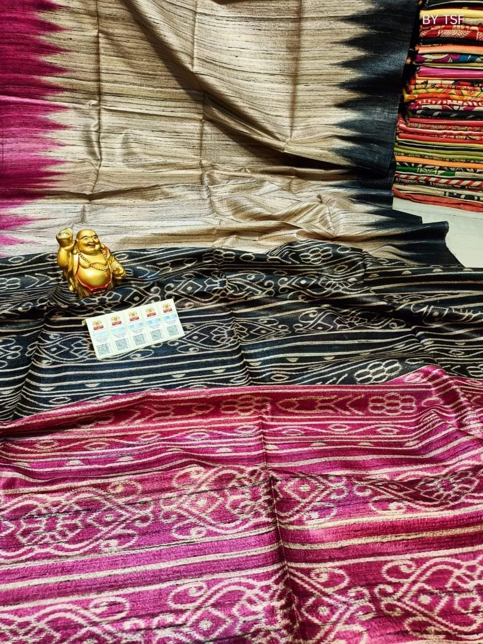 Ganga Yamuna border tussar gicha ikkat silk saree - Beige - Tussar saree