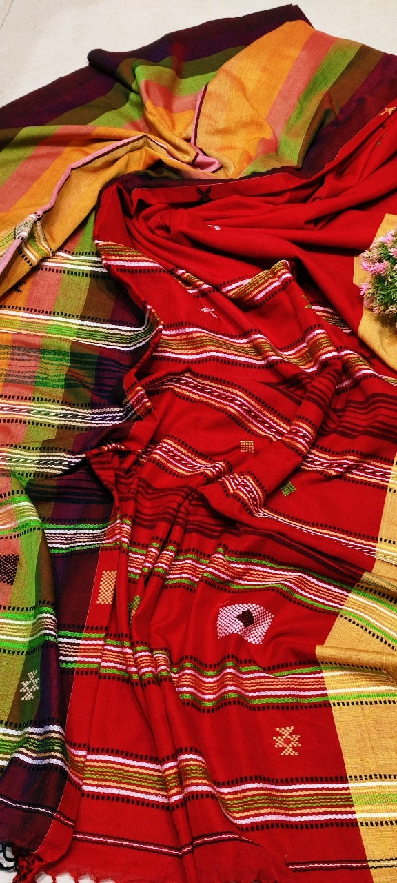 Bhujodi Khadi motif cotton jamdani saree A rare touch of authenticity Preorder basis order taken - Red - Bhujodi saree
