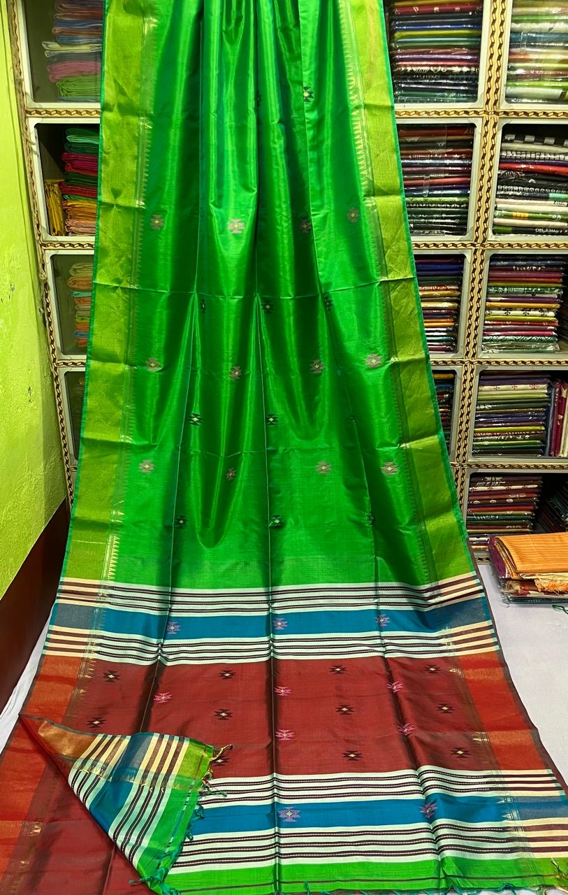 Bishnupur Kolakhetra katan silk saree silk mark certified - Green - Bishnupur silk