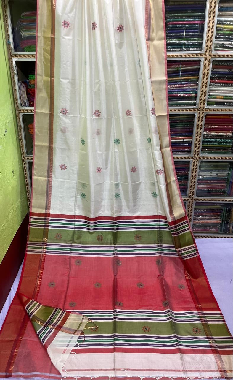 Bishnupur Kolakhetra katan silk saree silk mark certified - White - Bishnupur silk
