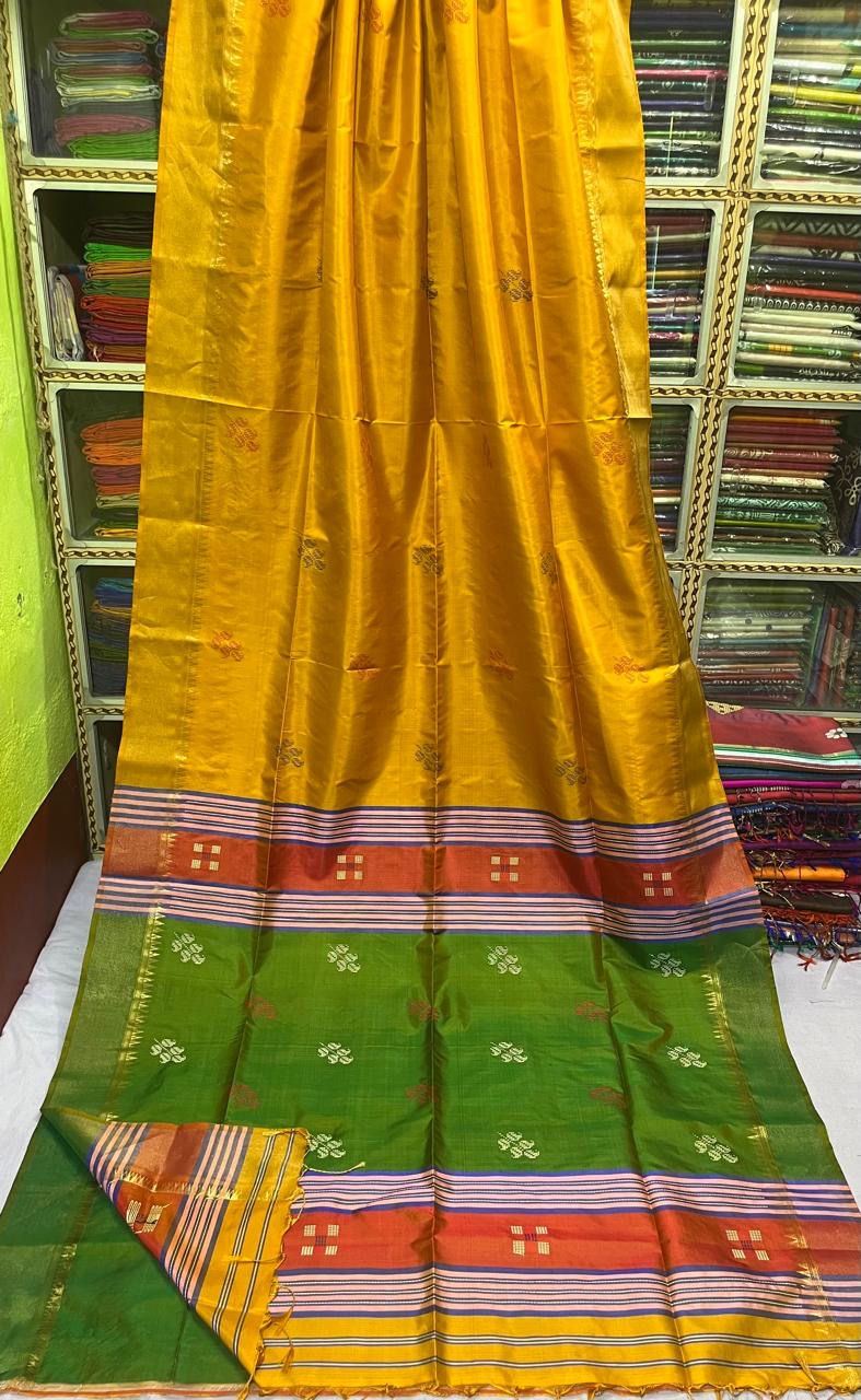 Bishnupur Kolakhetra katan silk saree silk mark certified - Yellow - Bishnupur silk