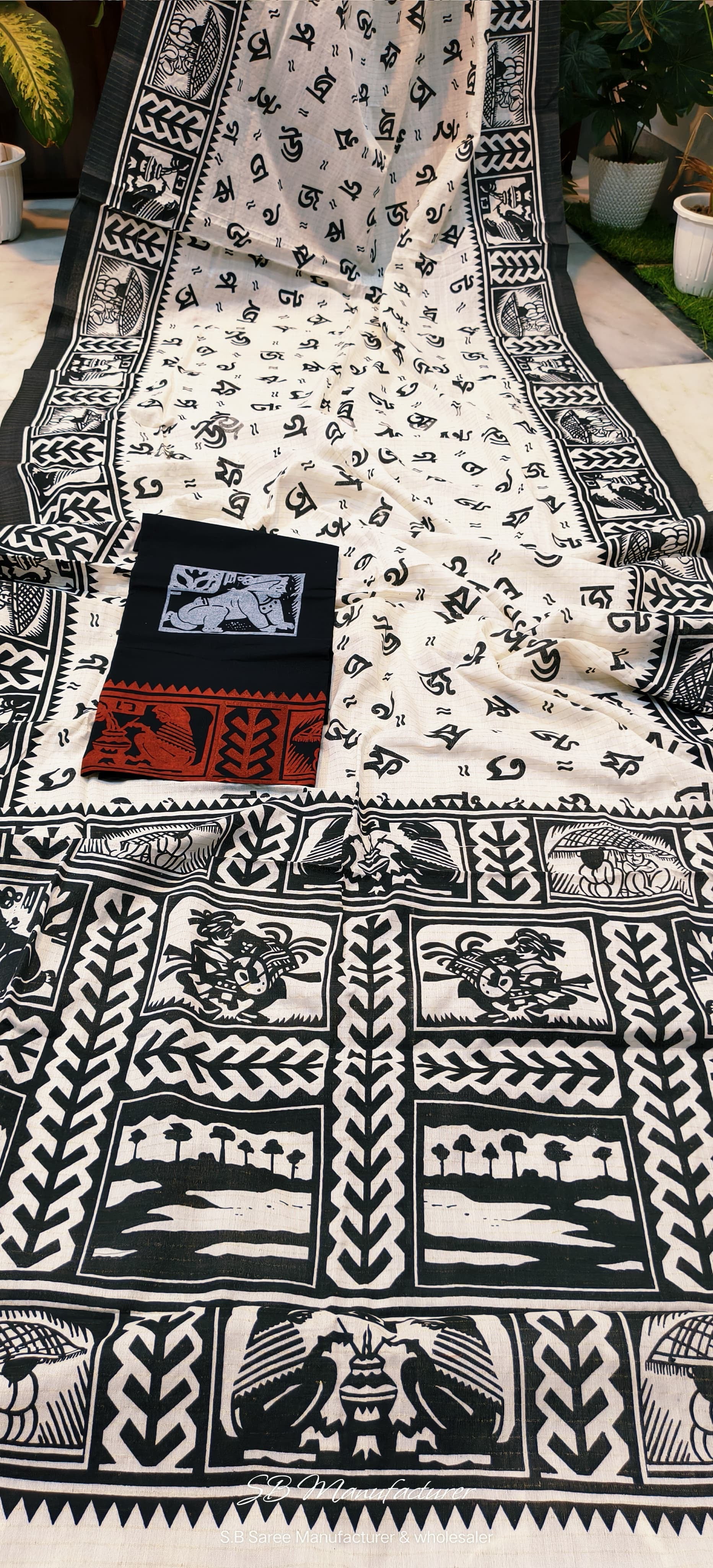 Bengali Sahajpath Saree Applique and block print on dhonekhali taant - applique saree