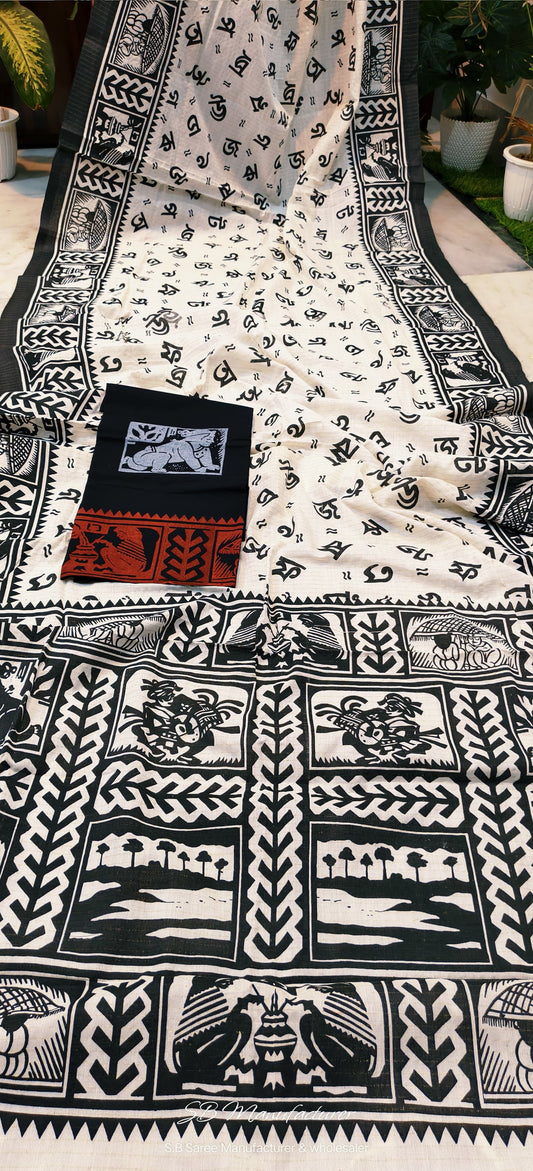 Bengali Sahajpath Saree Applique and block print on dhonekhali taant - applique saree