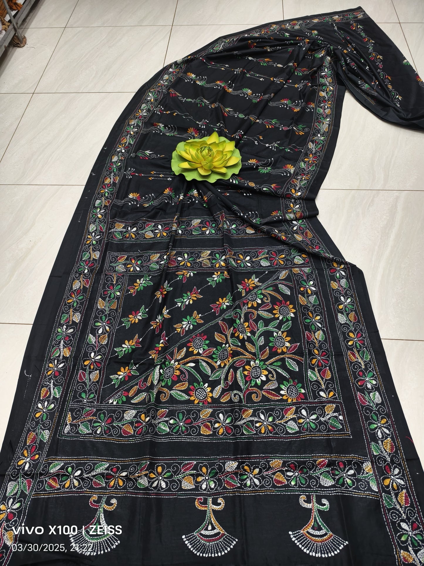 Black Kantha stitch saree handcrafted work - 1 - saree Kaantha