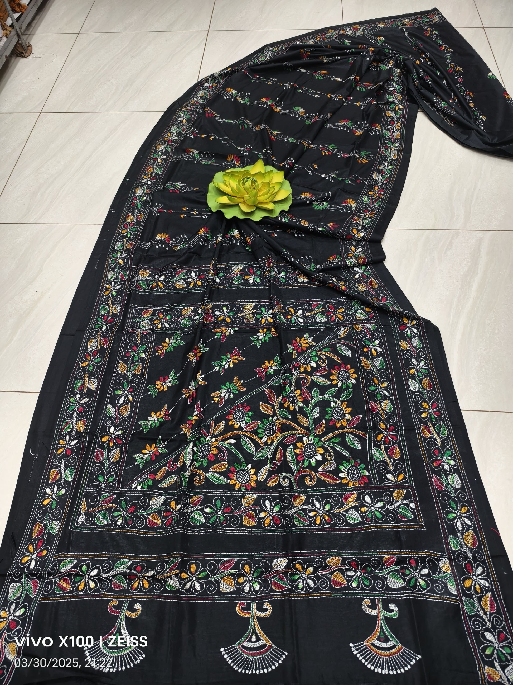 Black Kantha stitch saree handcrafted work - 1 - saree Kaantha