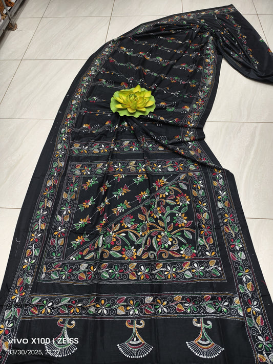 Black Kantha stitch saree handcrafted work - 1 - saree Kaantha