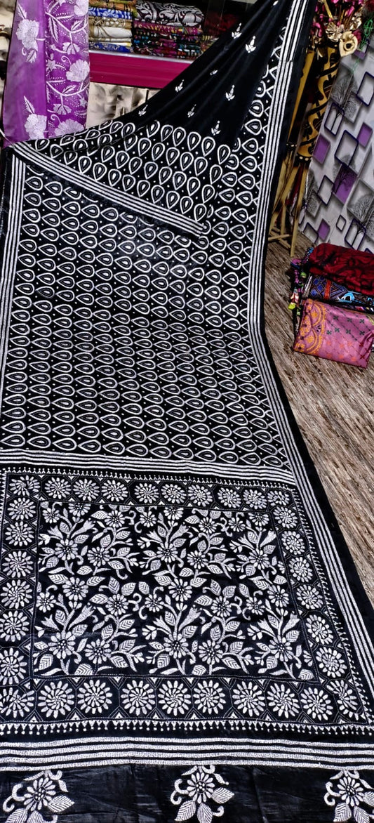 Black kantha stitch saree on blended Bangalore silk