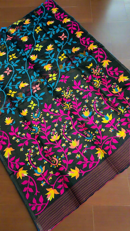 Black Muslin Tantuj jamdani saree from Bengal multicoloured flower on original Resham - Black - Tantuj muslin