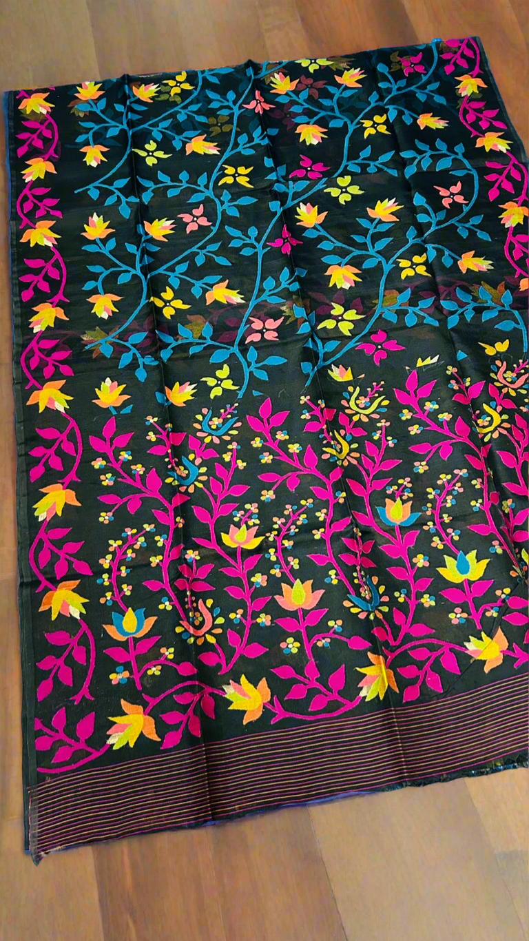 Black Muslin Tantuj jamdani saree from Bengal multicoloured flower on original Resham - Black - Tantuj muslin