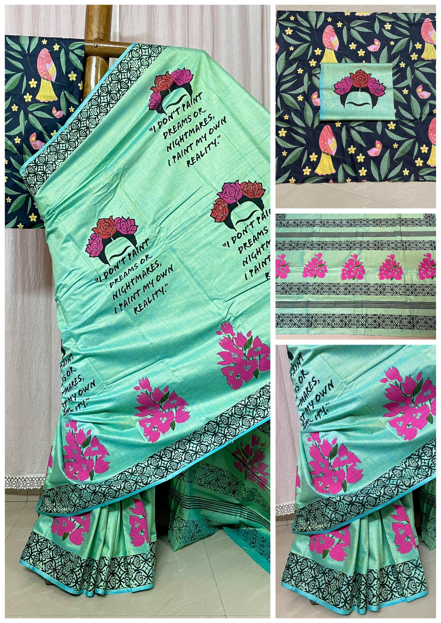 Block print saree of Bengal signature saree..Frida Kahlo on Saree - 🌌 sky - block print saree