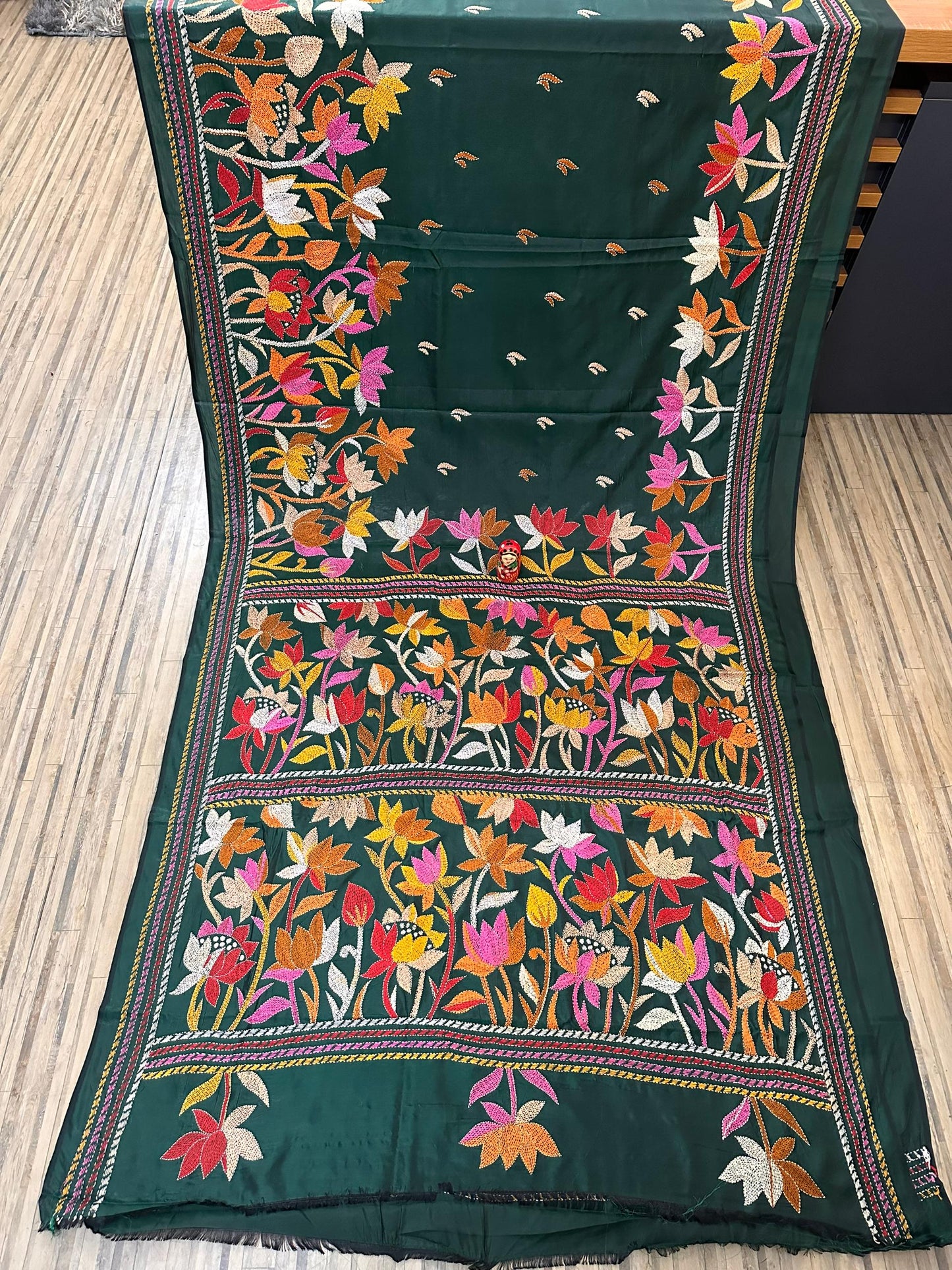 Bottle green kantha stitch on blended Bangalore silk