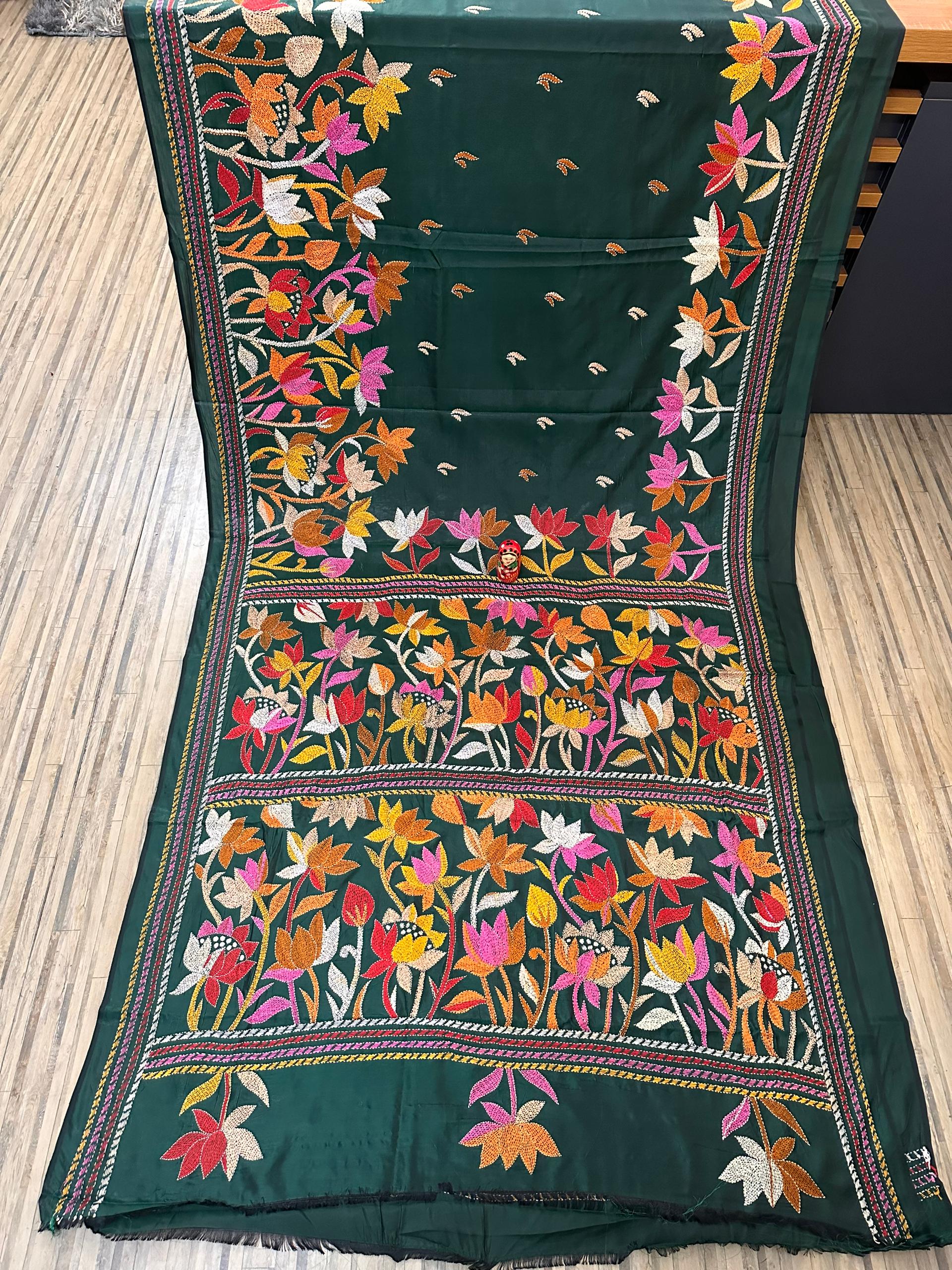 Bottle green kantha stitch on blended Bangalore silk