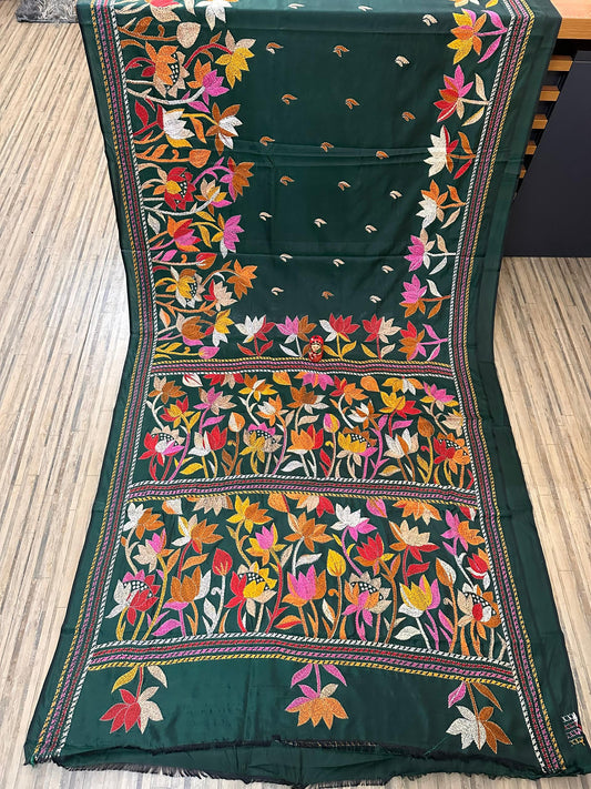 Bottle green kantha stitch on blended Bangalore silk