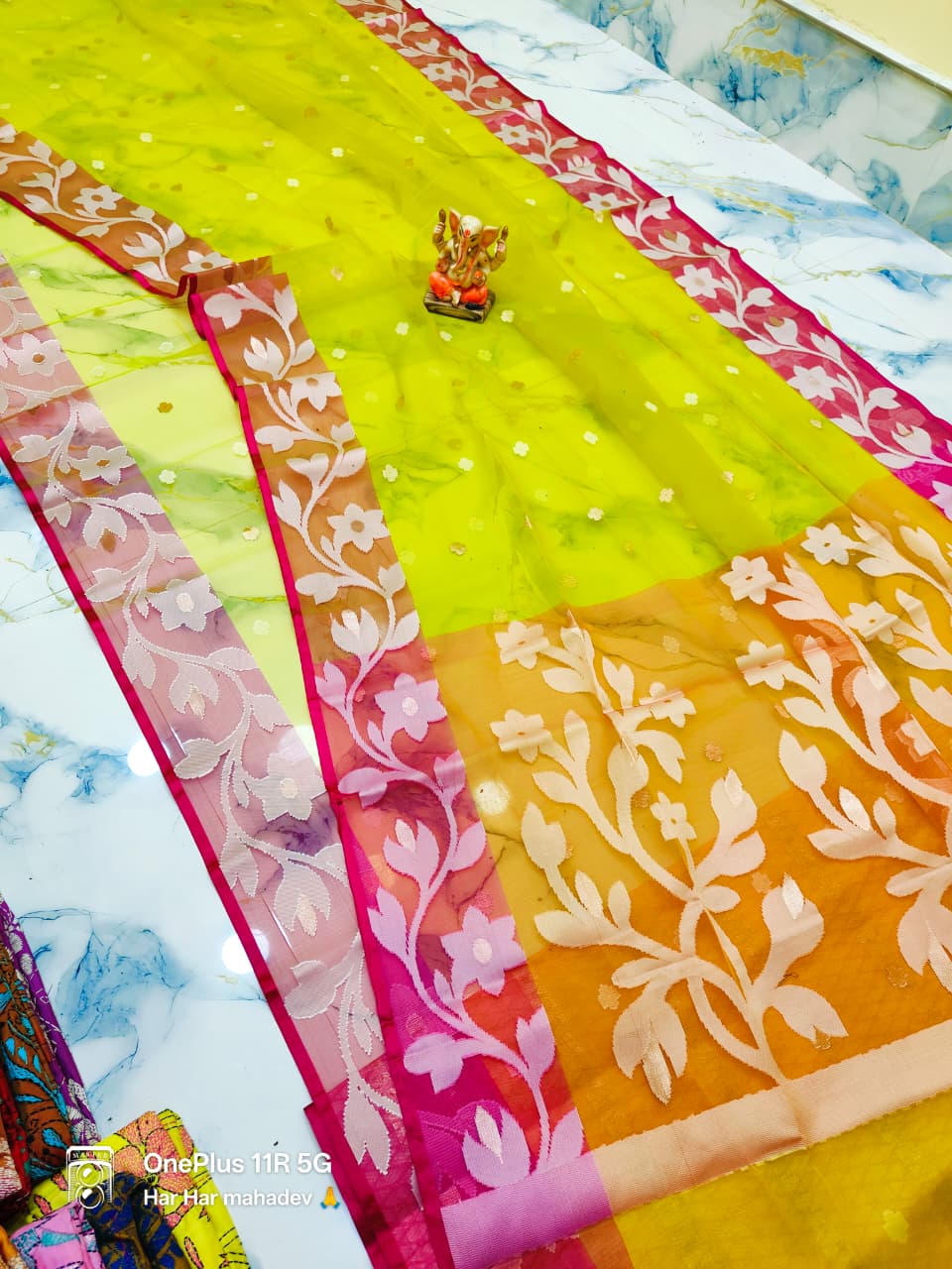 Bright lemon yellow Muslin jamdani saree - muslin saree