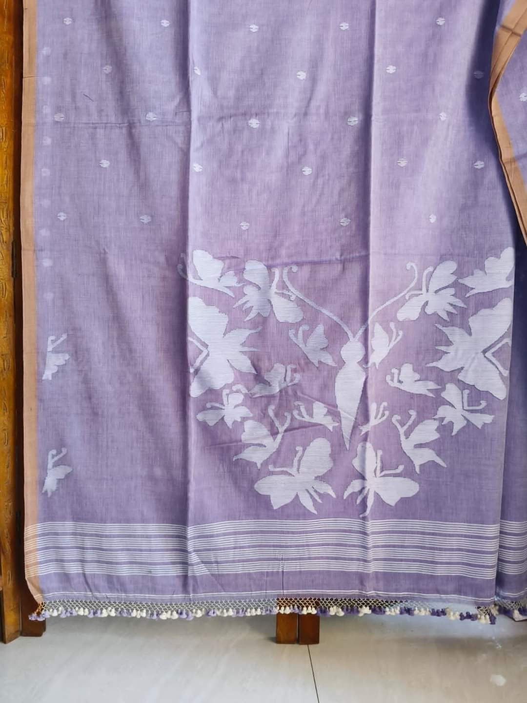 Butterfly motif cotton Jamdani of Bengal - Purple - Cotton jamdani