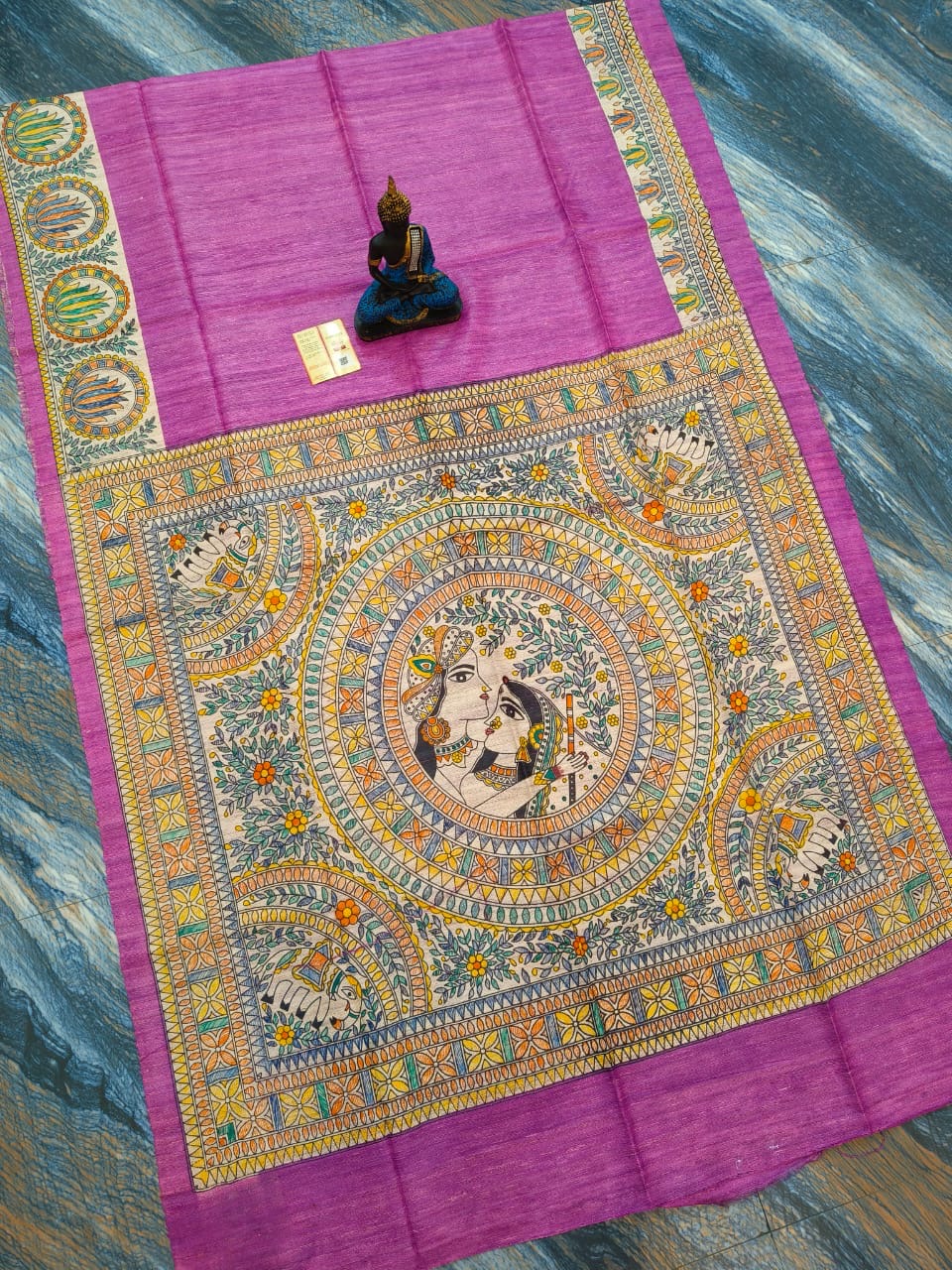 Radha Krishna Madhubani hand paint on tussar Gicha silk saree - Pink