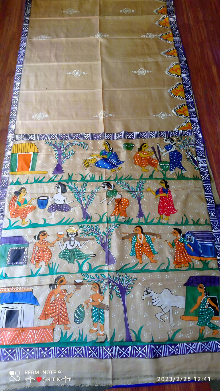 Madhubani hand painting on desi tussar silk saree silk mark certified village life art on saree - Tussar saree