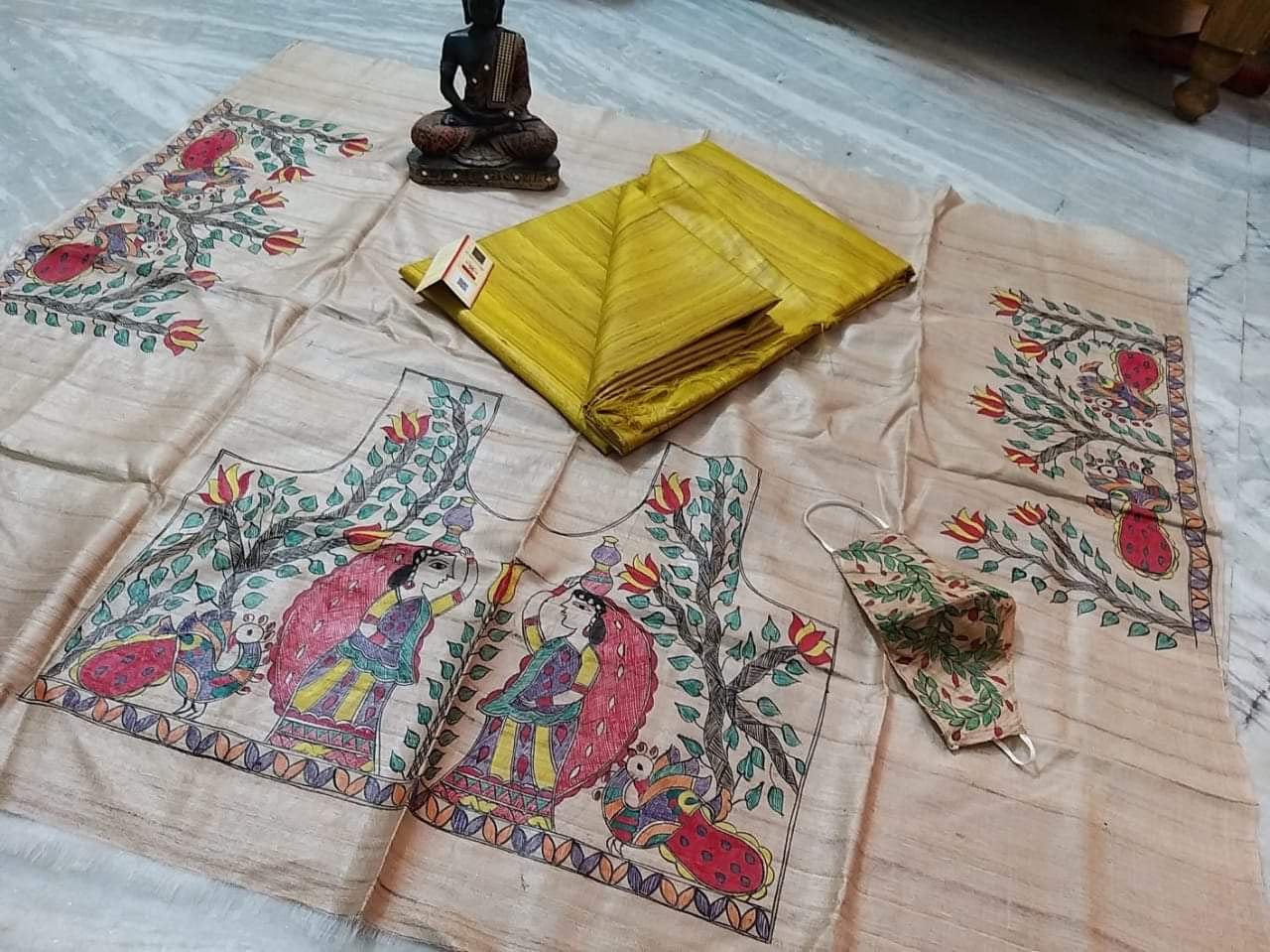 Single dye tussar silk saree with Madhubani hand painting blouse piece silk mark certified - Yellow - Tussar saree