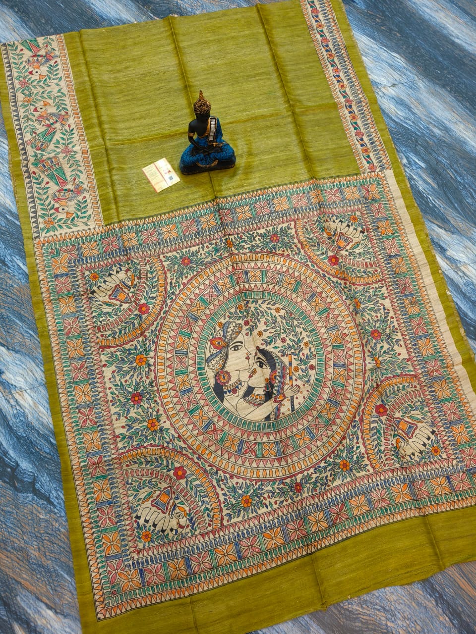 Radha Krishna Madhubani hand paint on tussar Gicha silk saree - Bottle green