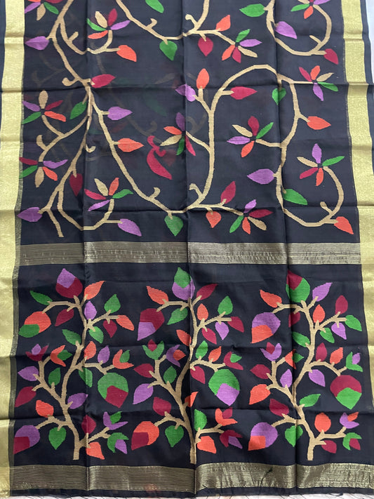 Coal black Muslin jamdani saree with blouse and handweaving work - Black - muslin saree