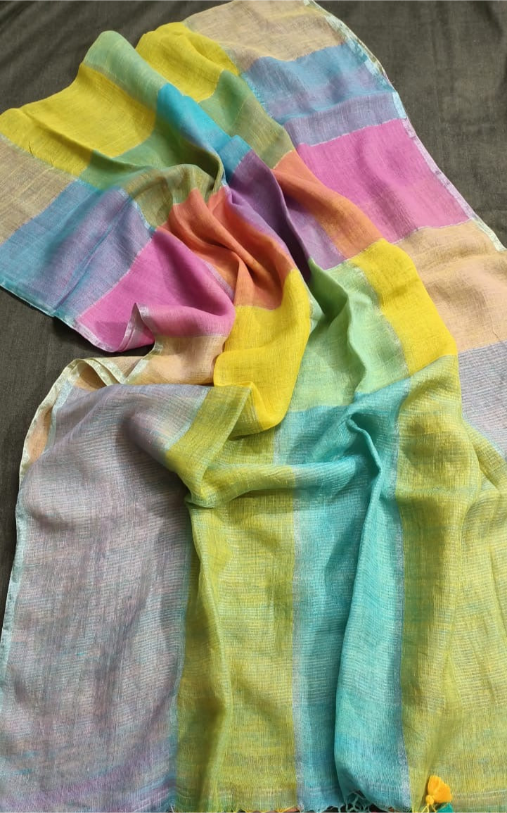 Colour block linen jamdani saree - Yellow