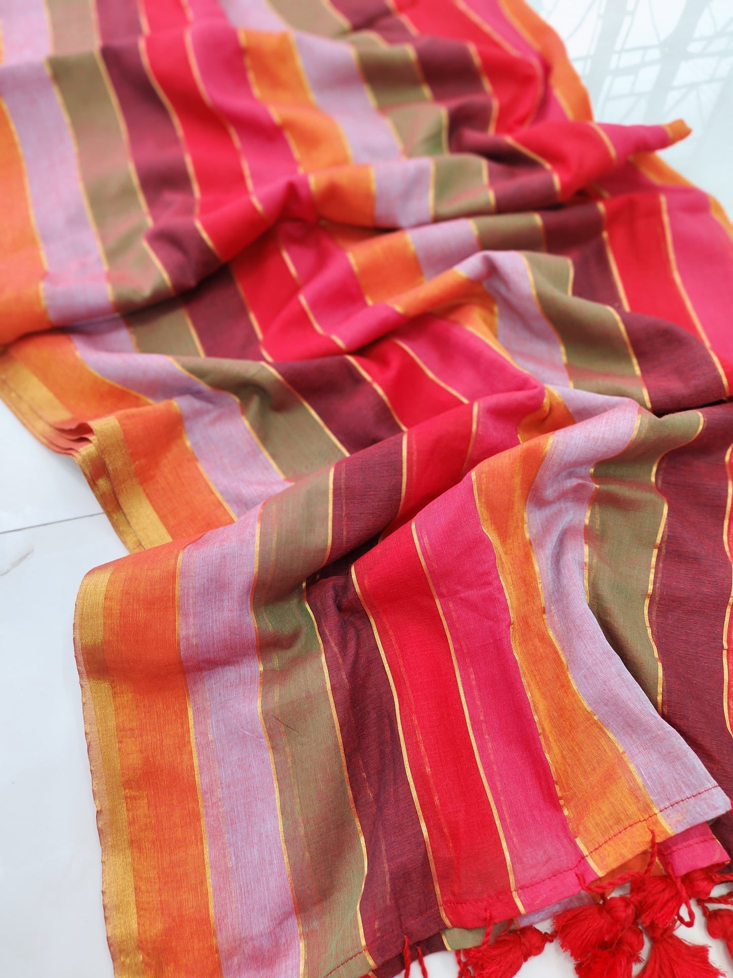 Colour block mulmul cotton saree - Orange - Bengali saree