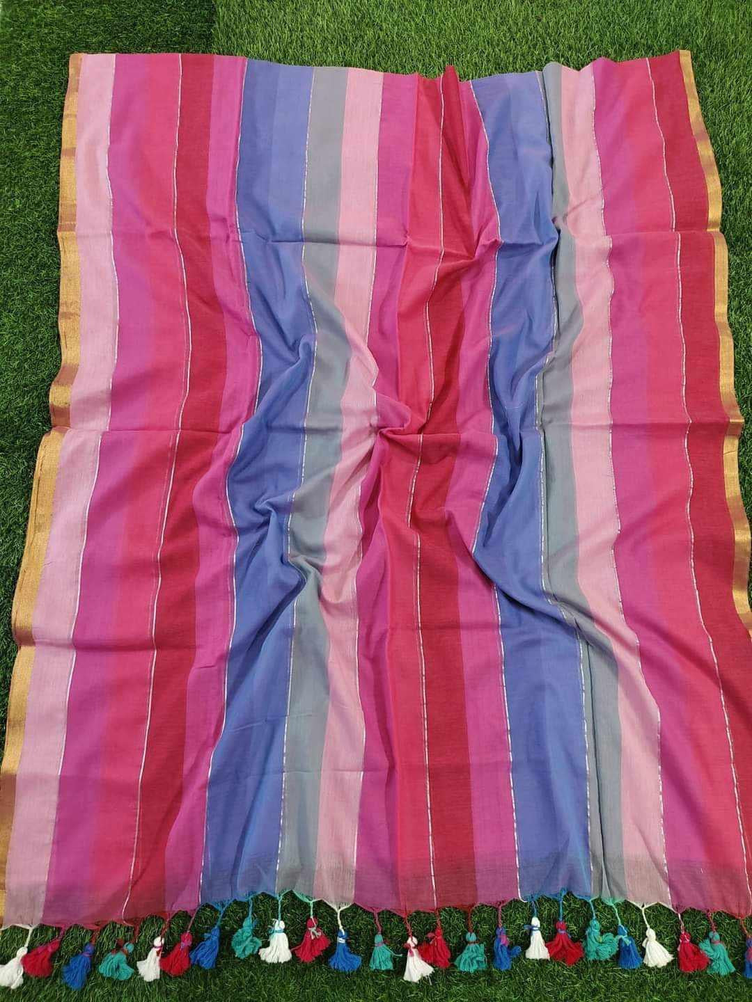 Colour block mulmul cotton saree - Red - Bengali saree