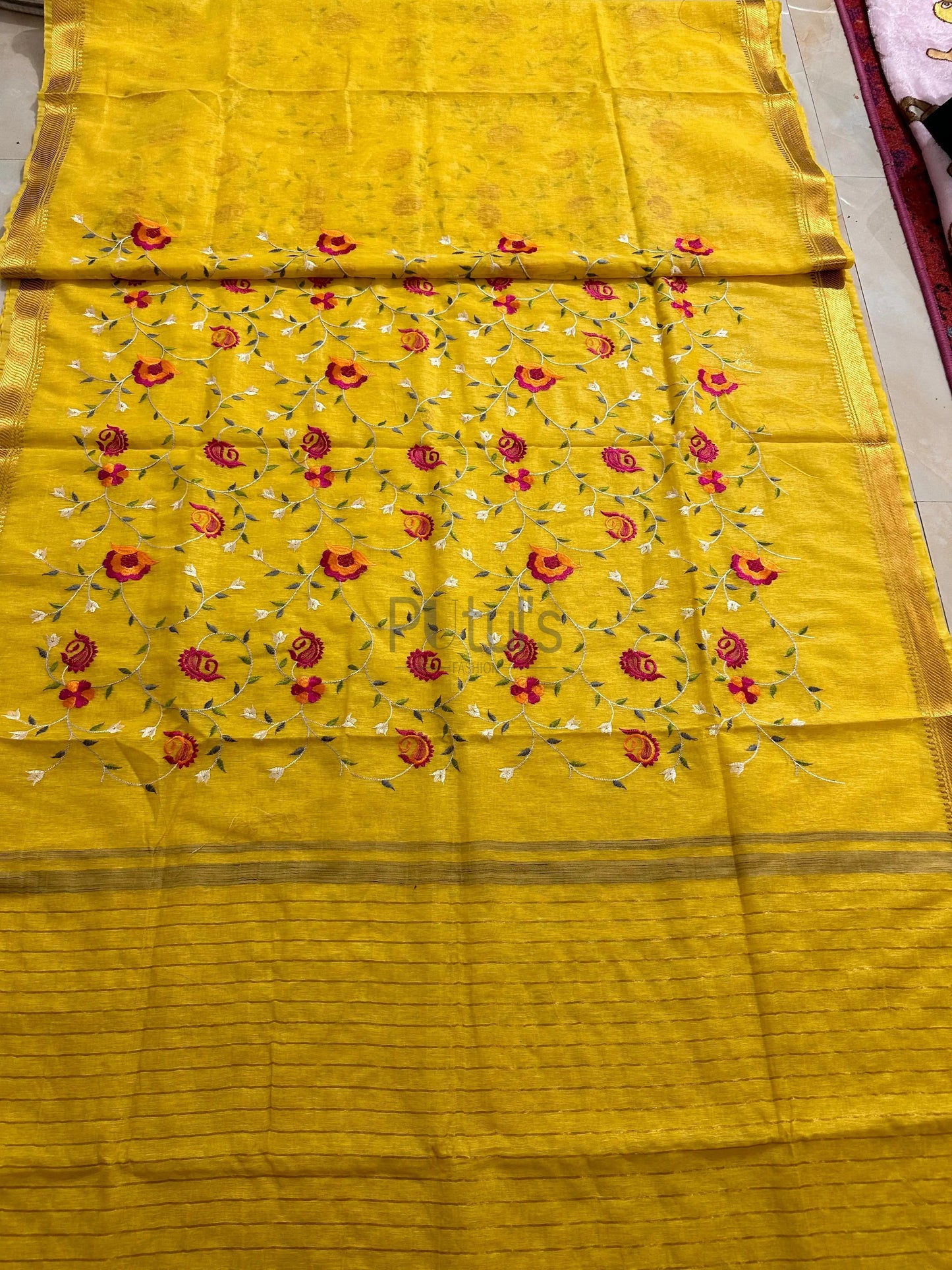 Computer embroidery work on kota linen silk saree Putul's Fashion