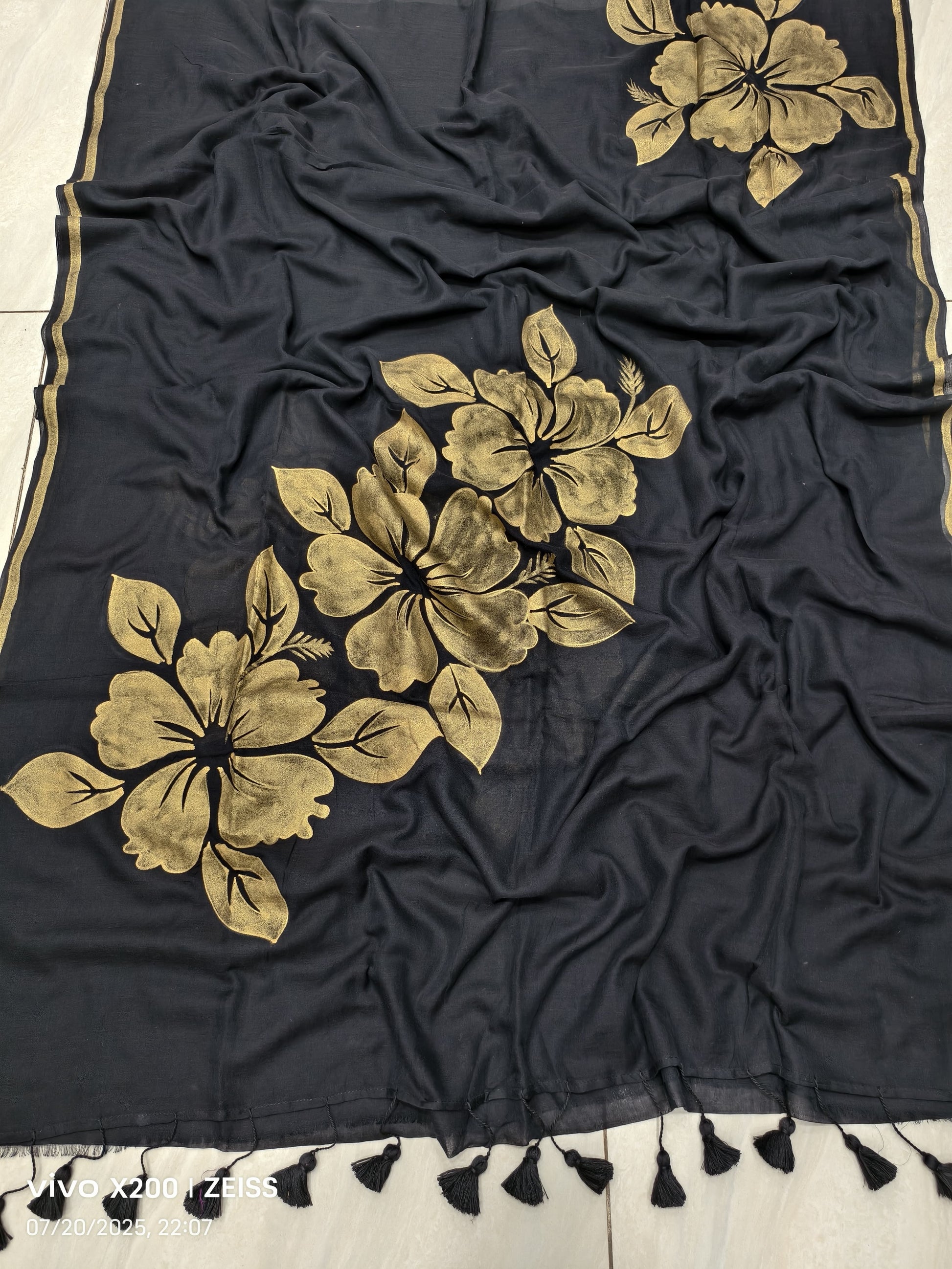 Copper hand painting on mul cotton saree - Mul cotton