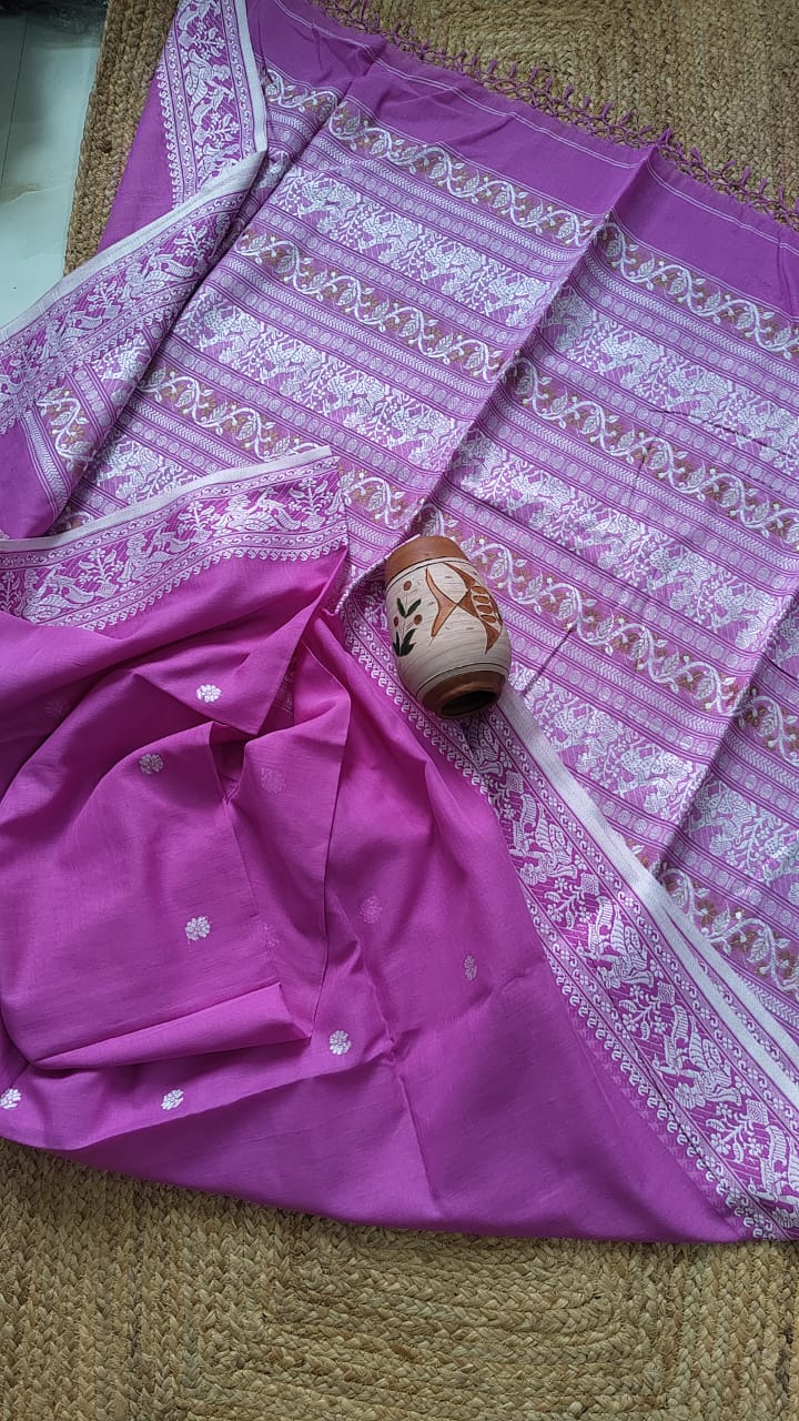Cotton baluchori saree A traditional saree of Bengal - Violet - Cotton