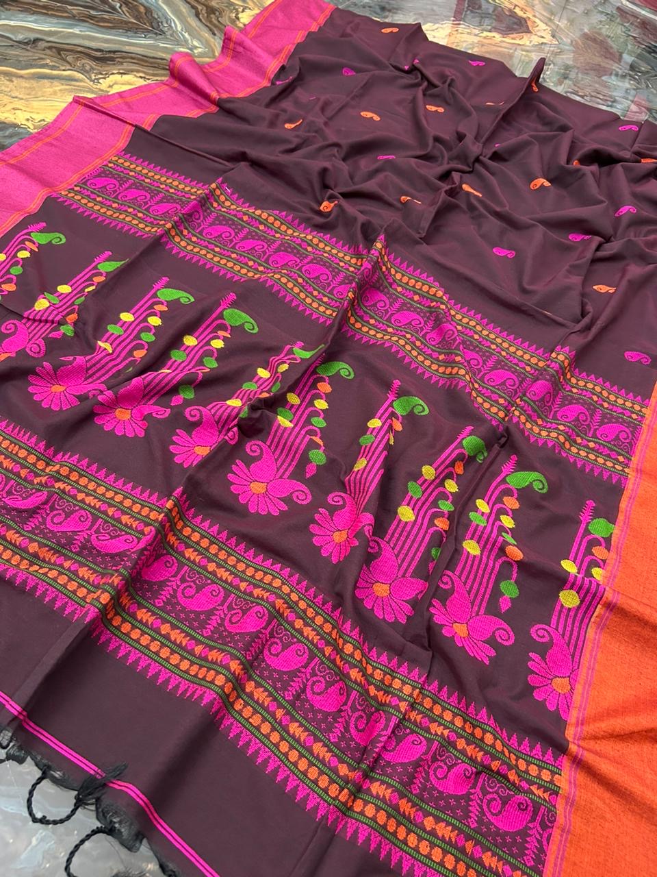 Cotton banarasi saree - Brown - Banarasi Saree