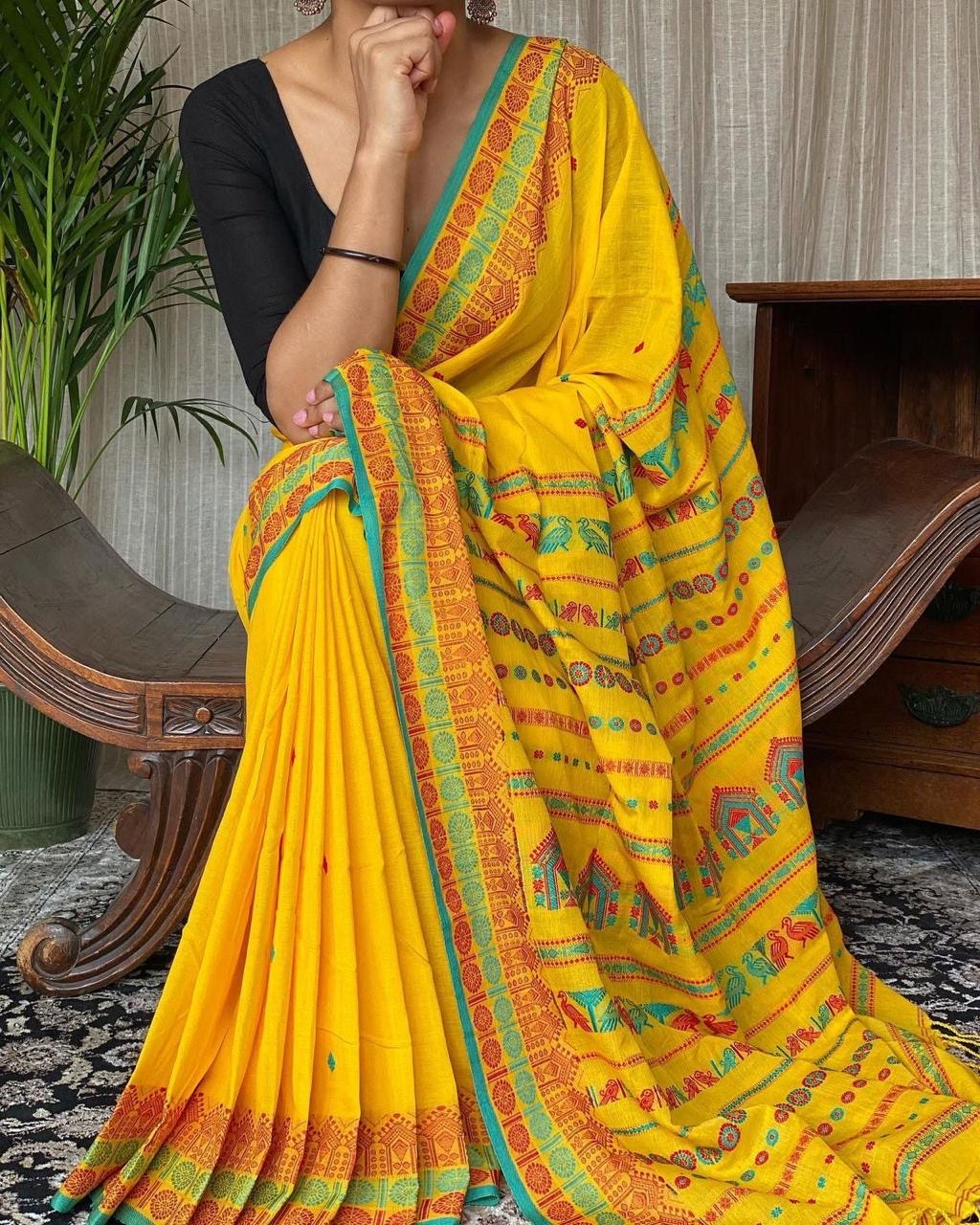 Cotton bi cotton jamdani saree from the loom of Bengal - Yellow - Cotton jamdani
