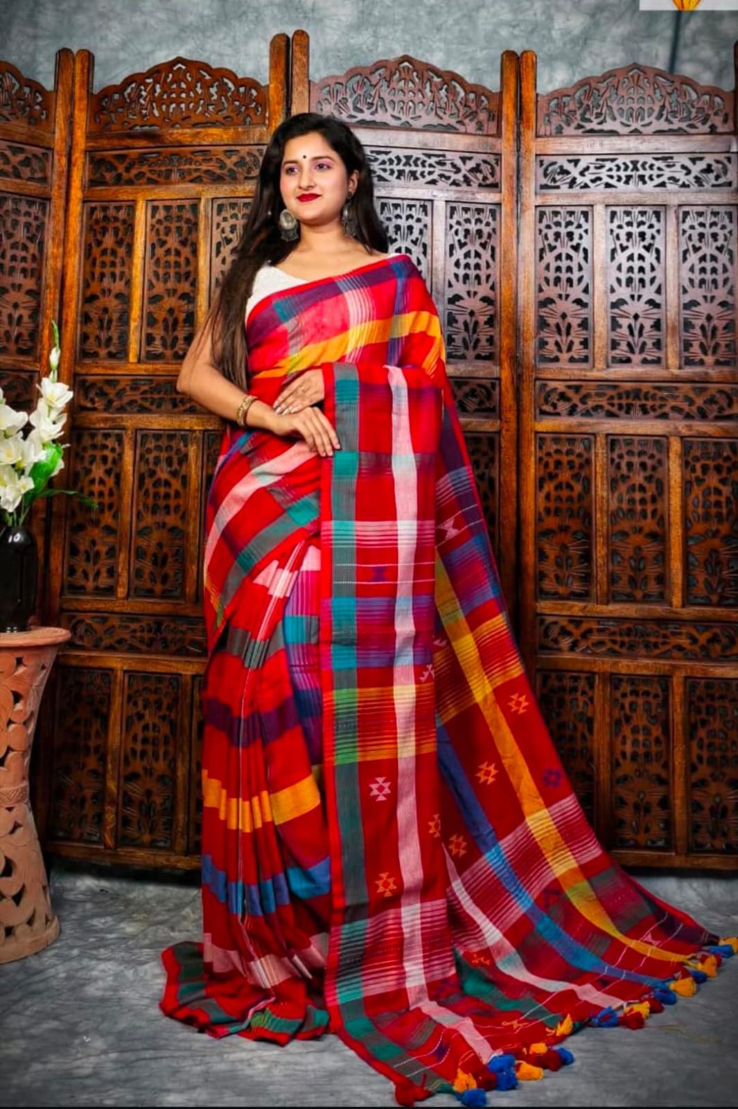 Cotton bi cotton Multicoloured saree 2026 new collection - Red - cotton saree