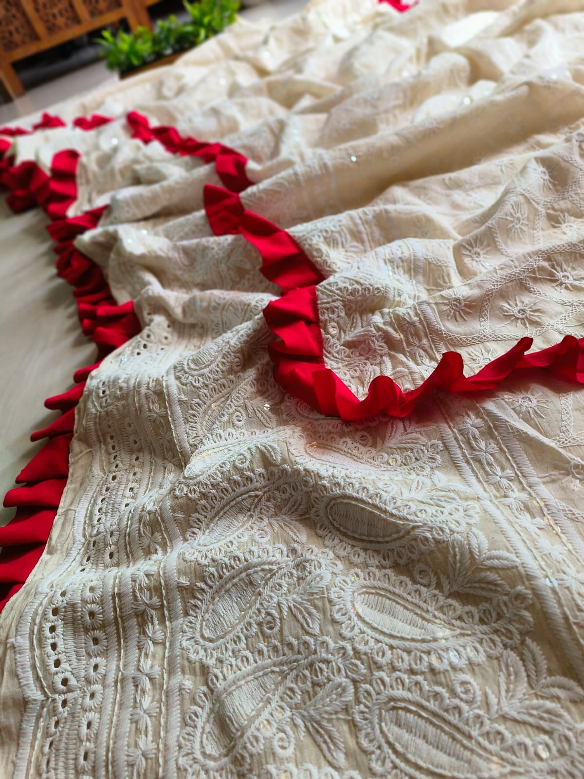 Cotton chikonkari saree white - cotton saree