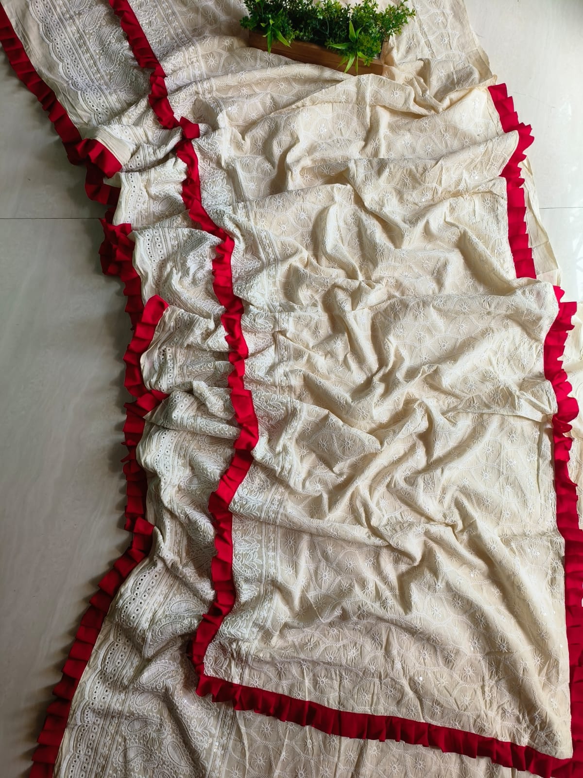 Cotton chikonkari saree white - cotton saree